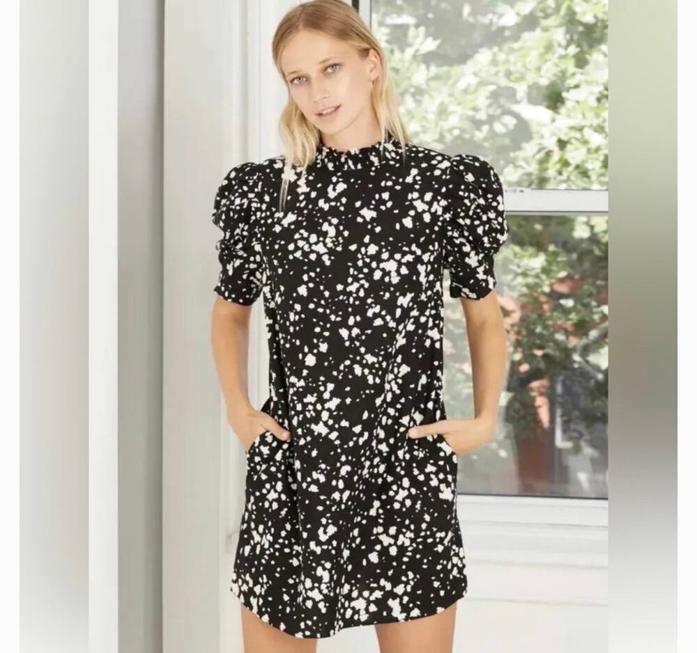 Who What Wear Linen Blend Puff short-sleeve Black/White Printed Dress Size S